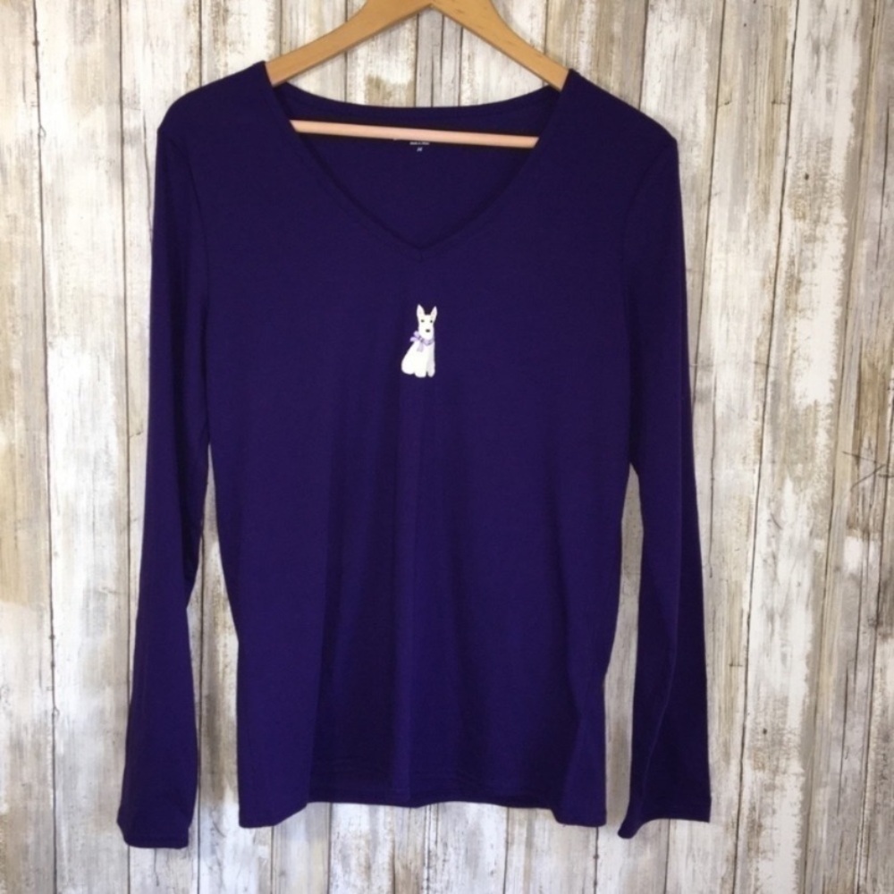 Laura Scott Purple Scottie V Neck Long Sleeve Tee